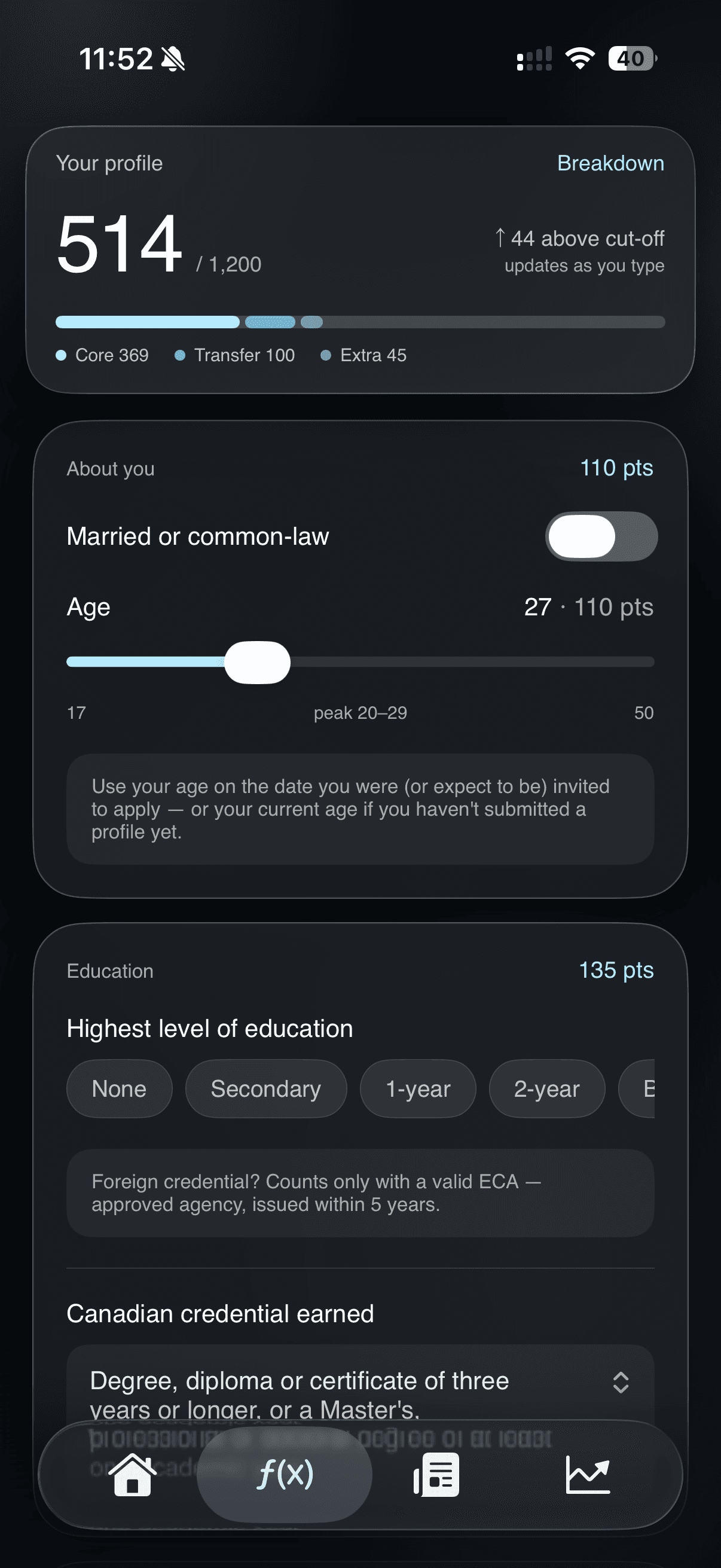 CanTrack calculator with a live CRS total of 514